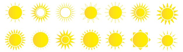 Conjunto de iconos de sol Estrella de sol amarilla Icono de sol del tiempo Elementos de verano para el diseño Ilustración vectorial