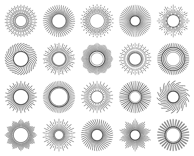 Conjunto de iconos de sol en un fondo blanco arte digital dibujado a mano ilustración vectorial diseño de icono de fondo