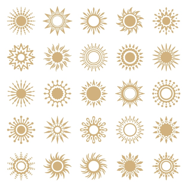 Conjunto de iconos de sol en un fondo blanco arte digital dibujado a mano ilustración vectorial diseño de icono de fondo