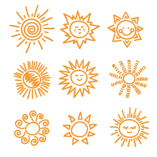 Conjunto de iconos de sol garabateados Ilustración vectorial