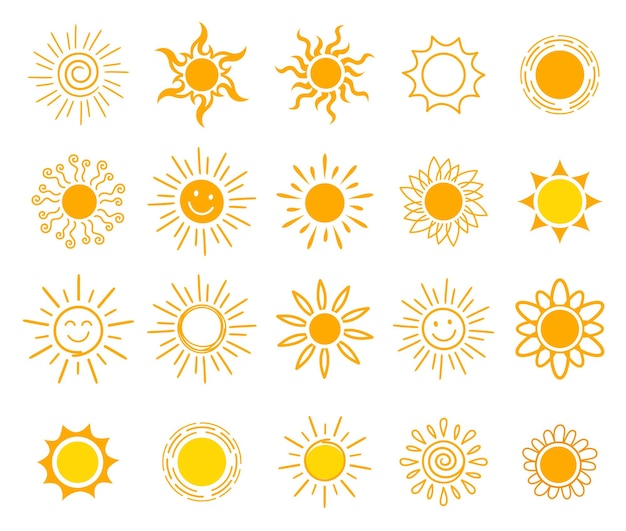 Conjunto de iconos de sol garabateados con rayos dibujados a mano Símbolos de sol amarillo infantiles divertidos para el clima caluroso