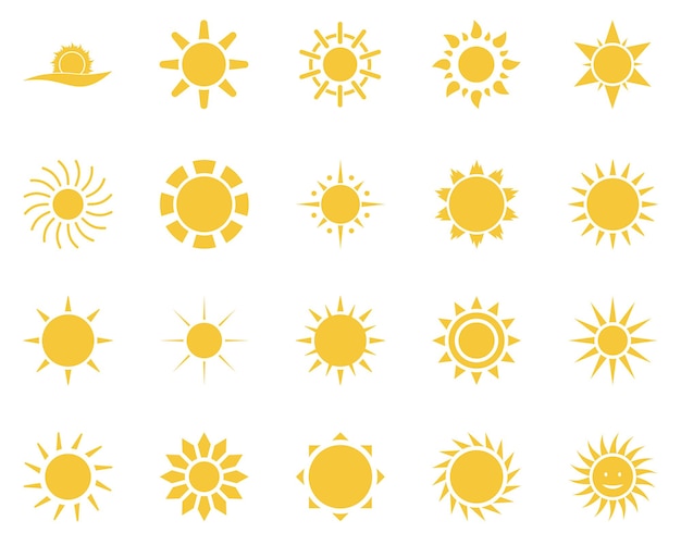 conjunto de iconos de sol de hora de verano Conjunto de iconos amarillos del sol aislados sobre un fondo blanco