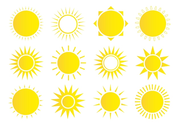 Conjunto de iconos de sol icono de sol meteorológico estrella de sol amarilla elementos de verano para el diseño ilustración vectorial