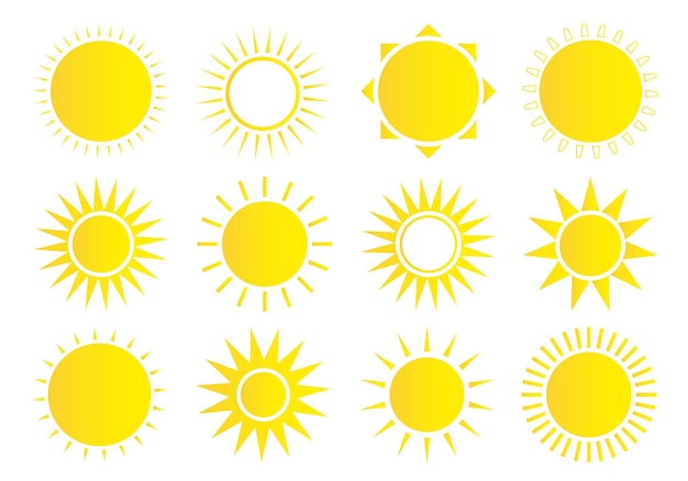Conjunto de iconos de sol Icono de sol meteorológico Estrella de sol amarilla Elementos de verano para el diseño Ilustración vectorial