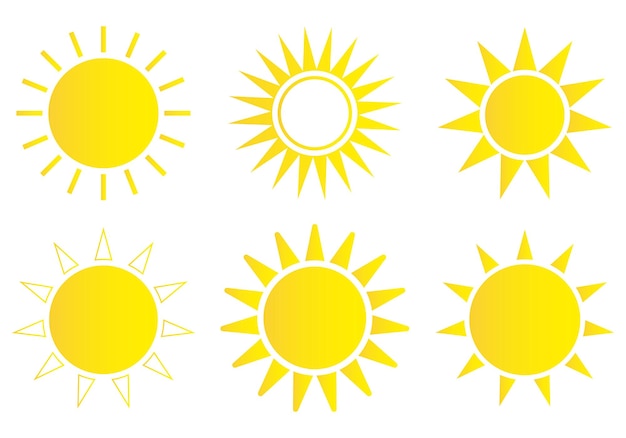 Conjunto de iconos de sol Icono de sol meteorológico Estrella de sol amarilla Elementos de verano para el diseño Ilustración vectorial