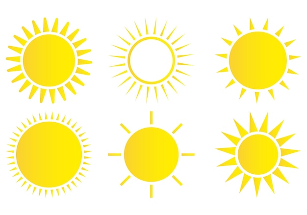 Conjunto de iconos de sol icono de sol meteorológico estrella de sol amarilla elementos de verano para el diseño ilustración vectorial