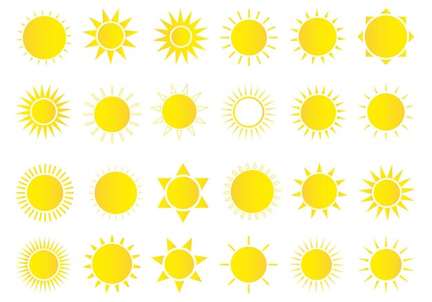 Conjunto de iconos de sol Icono de sol meteorológico Estrella de sol amarilla Elementos de verano para el diseño Ilustración vectorial