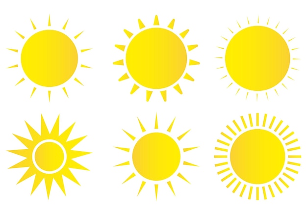 Conjunto de iconos de sol Icono de sol meteorológico Estrella de sol amarilla Elementos de verano para el diseño Ilustración vectorial