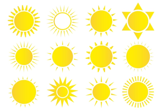 Conjunto de iconos de sol Icono de sol meteorológico Estrella de sol amarilla Elementos de verano para el diseño Ilustración vectorial