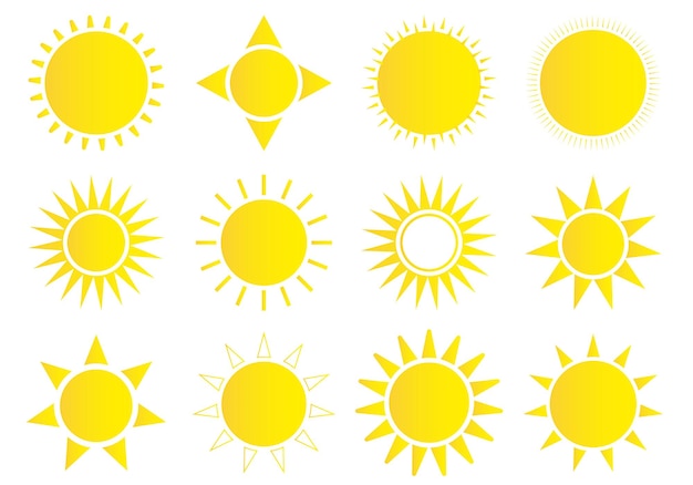 Conjunto de iconos de sol Icono de sol meteorológico Estrella de sol amarilla Elementos de verano para el diseño Ilustración vectorial