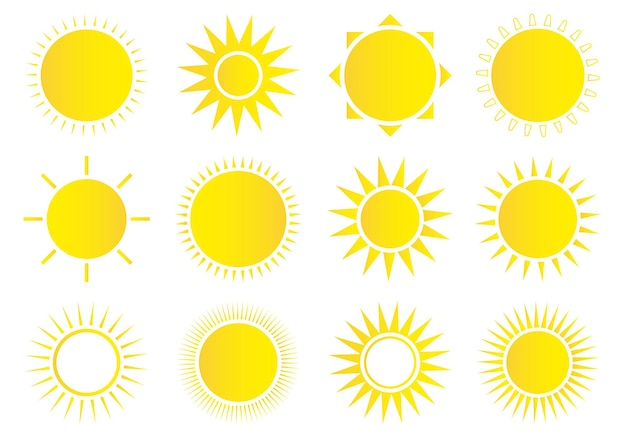Conjunto de iconos de sol Icono de sol meteorológico Estrella de sol amarilla Elementos de verano para el diseño Ilustración vectorial