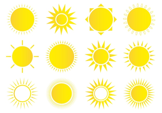 Conjunto de iconos de sol icono de sol meteorológico estrella de sol amarilla elementos de verano para el diseño ilustración vectorial