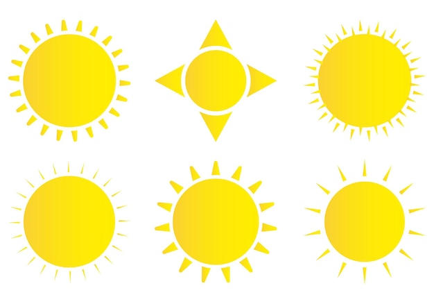 Conjunto de iconos de sol Icono de sol meteorológico Estrella de sol amarilla Elementos de verano para el diseño Ilustración vectorial