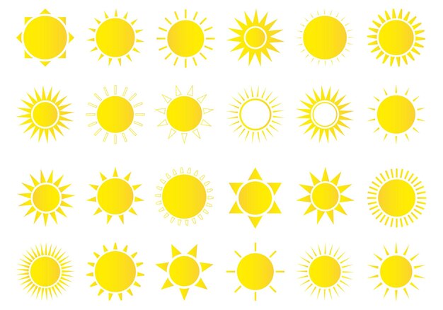 Conjunto de iconos de sol Icono de sol meteorológico Estrella de sol amarilla Elementos de verano para el diseño Ilustración vectorial