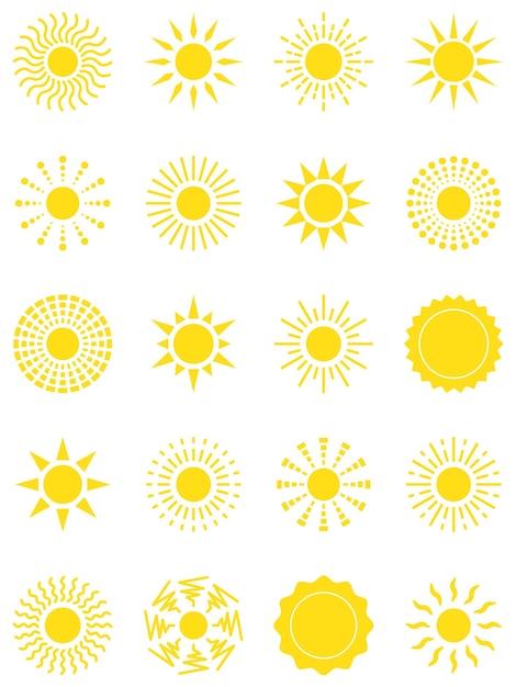 Conjunto de iconos de sol ilustración vectorial en amarillo sobre un fondo blanco