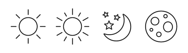 Conjunto de iconos de sol y luna Día y noche Sol media luna signo y símbolo Ancho de línea editable