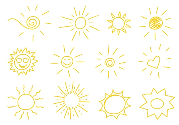 Un conjunto de iconos de sol y sol amarillos de doodle