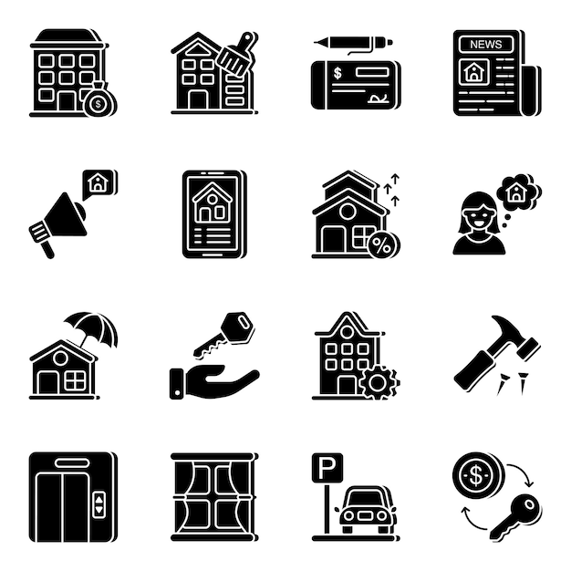 Conjunto de iconos sólidos de hogar y propiedad