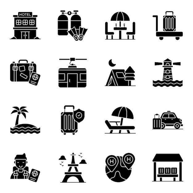 Conjunto de íconos sólidos de viaje