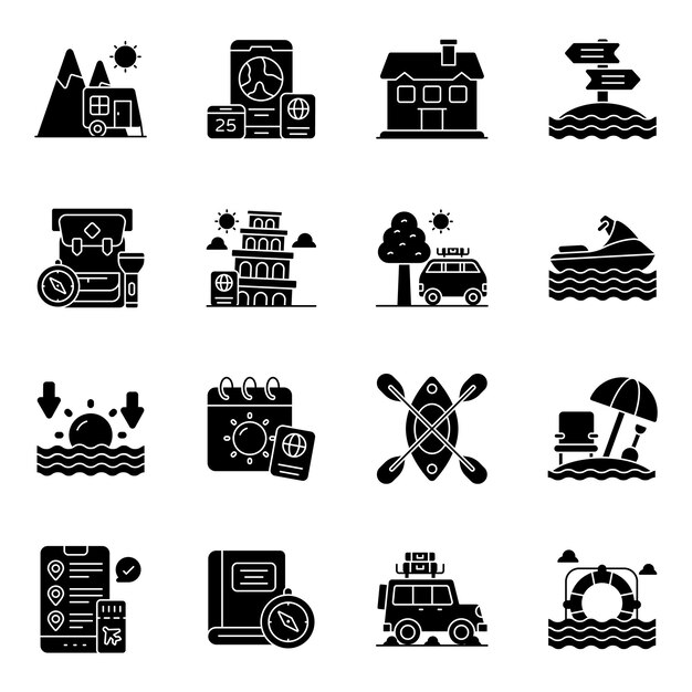 Conjunto de íconos sólidos de viajes y viajes