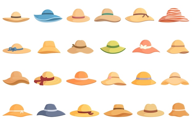 Conjunto de iconos de sombrero de playa vector de dibujos animados Verano de paja