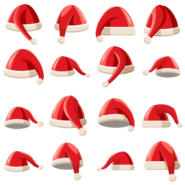 Conjunto de iconos de sombrero rojo de Santa Claus, estilo de dibujos animados