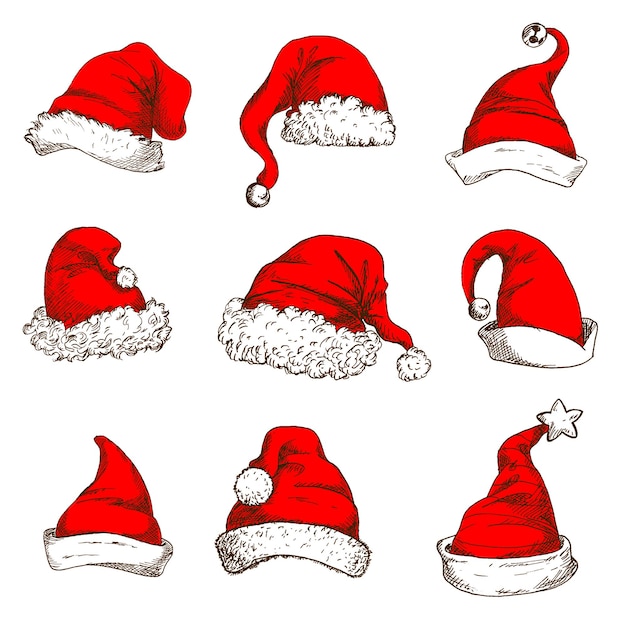 Conjunto de iconos de sombrero rojo de Santa Claus. Gorro navideño rojo y gorro de Papá Noel y elfo con ribete de piel blanca, pompón, cascabel y estrella. Elemento de diseño de Navidad y año nuevo.