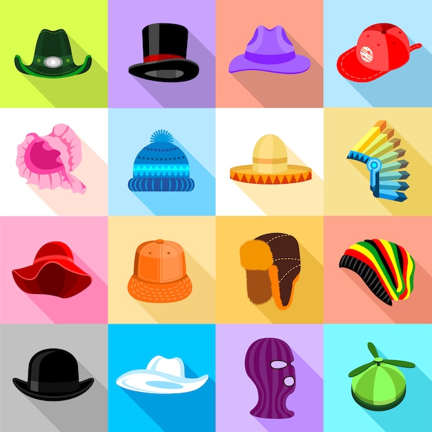 Conjunto de iconos de sombrero tocado colorido