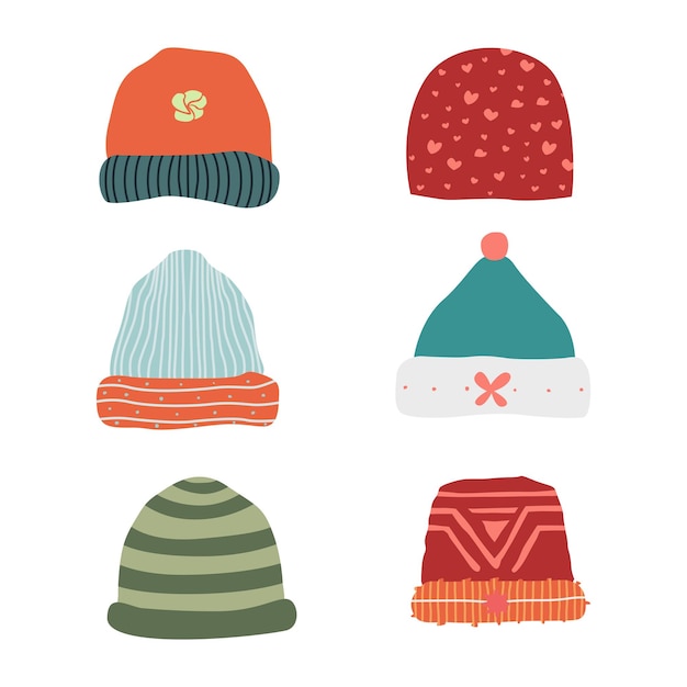 Vector conjunto de iconos de sombreros de invierno de dibujos animados