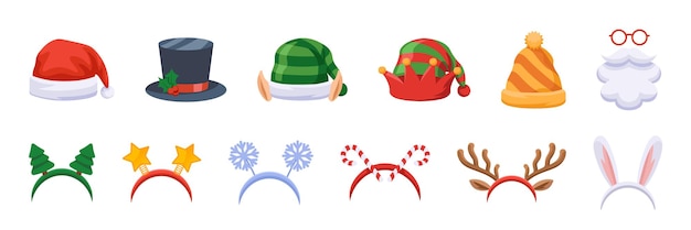 Conjunto de iconos de sombreros de Navidad Estilo plano Vector