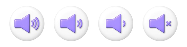 Conjunto de iconos de sonido púrpura con diferentes niveles de señal en los botones Ilustración vectorial de dibujos animados 3D