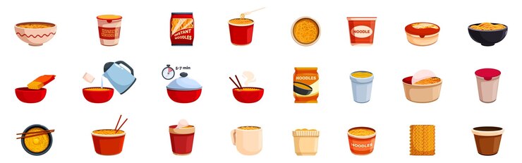 Vector conjunto de iconos de sopa instantánea gente cocinando y comiendo fideos instantáneos de ramen