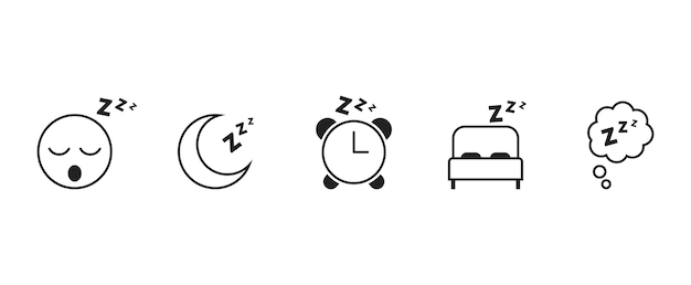 Vector conjunto de iconos de sueño burbuja de luna de alarma de cama con zzz soñoliento y sonrisa de sueño vector eps 10
