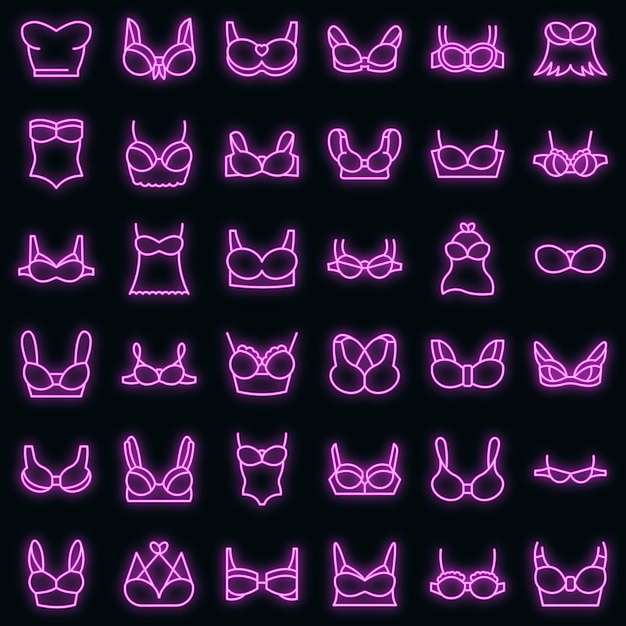 Conjunto de iconos de sujetador. Esquema conjunto de iconos de vector de sujetador color neón en negro