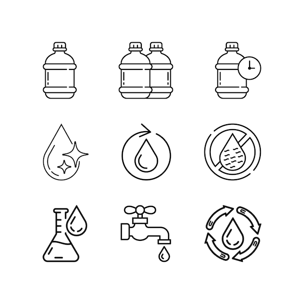 Conjunto de iconos de suministro de agua limpia y minimalista