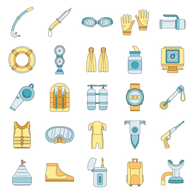 Conjunto de iconos de suministros de snorkel Conjunto de iconos vectoriales de suministros de snorkel Color de línea delgada plano en blanco