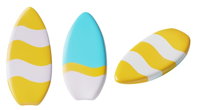 Conjunto de iconos de tabla de surf 3D de lindo equipo de deportes acuáticos de surf minimalista azul y amarillo