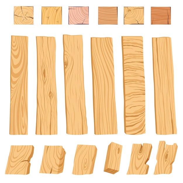 Conjunto de iconos de tablas de madera con textura, barras y partes de un árbol.