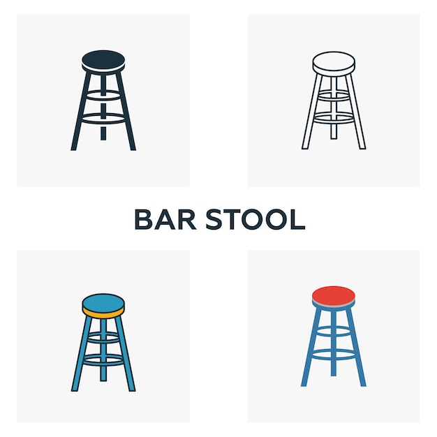 Conjunto de iconos de taburete de bar Cuatro elementos en diferentes estilos de la colección de iconos de bar y restaurante Iconos creativos de taburete de bar llenos de contorno coloreado y símbolos planos