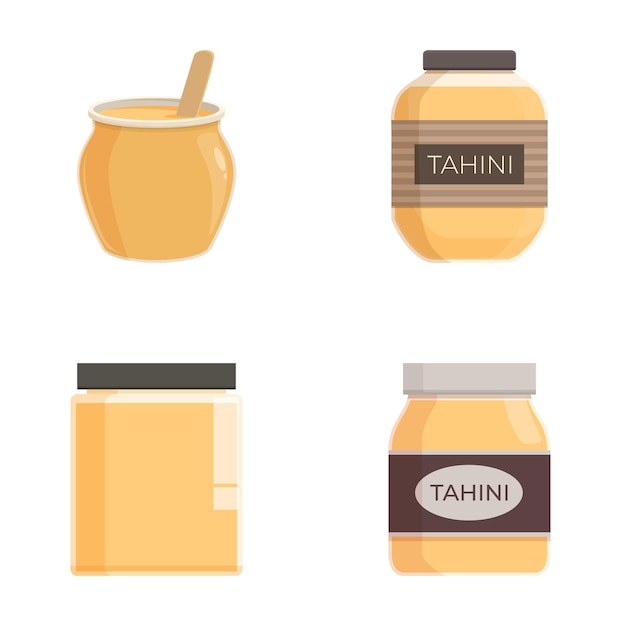 El conjunto de iconos de Tahini vector de dibujos animados Tahini pasta de semillas de sésamo