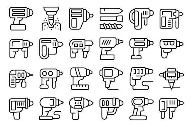 Conjunto de iconos de taladro percutor eléctrico vector de contorno