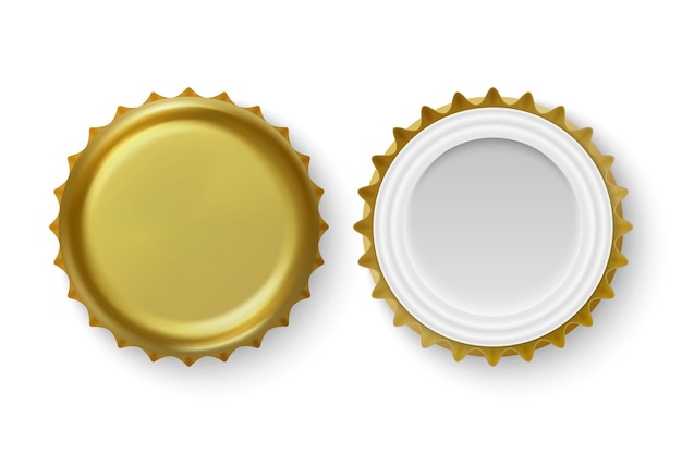 Conjunto de iconos de tapa de botella de cerveza en blanco dorado de metal realista vectorial 3d Primer plano aislado en la plantilla de diseño de fondo blanco para simulacros de publicidad de paquetes Vista superior e inferior