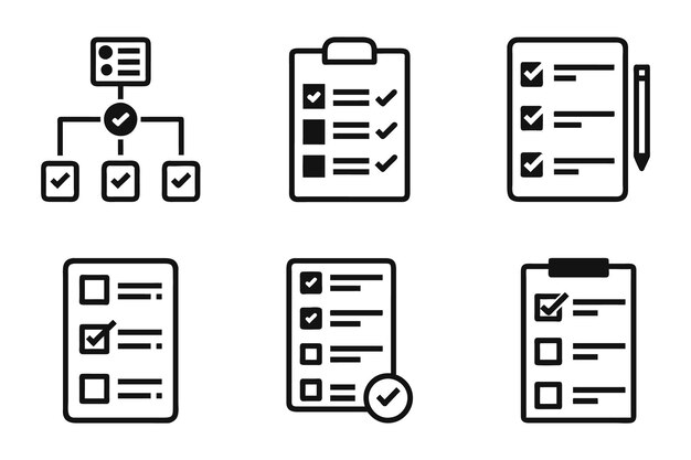 Un conjunto de iconos de tareas de lista de comprobación con iconos de silueta en un fondo blanco