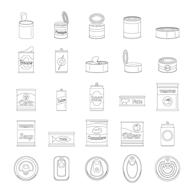 Vector conjunto de iconos de tarro de paquete de comida de lata