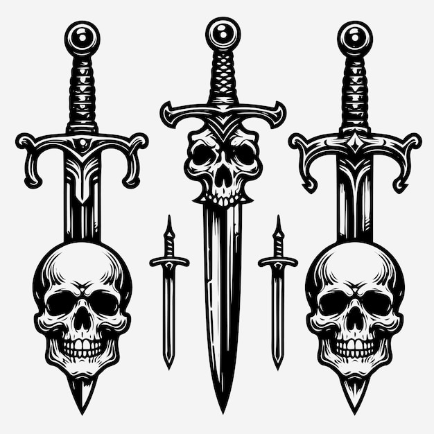Conjunto de iconos de tatuajes con contornos de espadas negras Vector