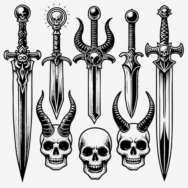Conjunto de iconos de tatuajes con contornos de espadas negras Vector