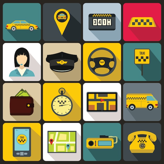 Vector conjunto de iconos de taxi, estilo plano