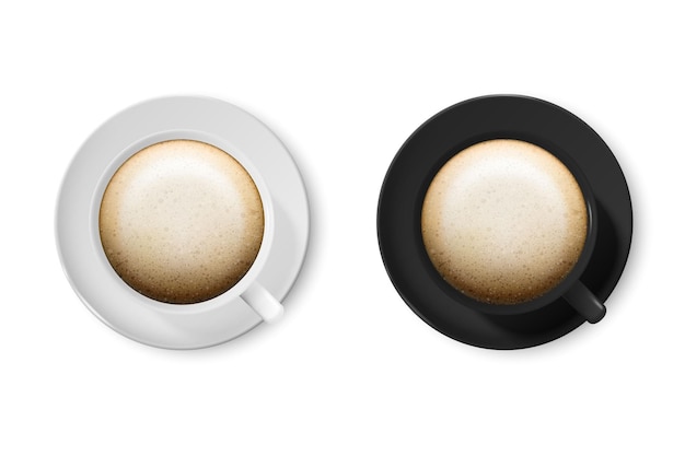 Conjunto de iconos de taza o taza de café blanco y negro en blanco brillante Vector realista 3d con primer plano de capuchino aislado sobre fondo blanco Plantilla de diseño de taza de café o maqueta de taza Vista superior