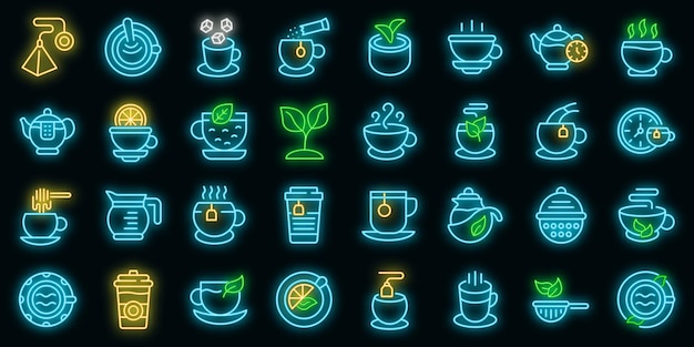 Conjunto de iconos de té. esquema conjunto de iconos de vector de té color neón en negro