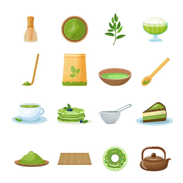 Conjunto de iconos de té matcha polvo de té de vector de dibujos animados